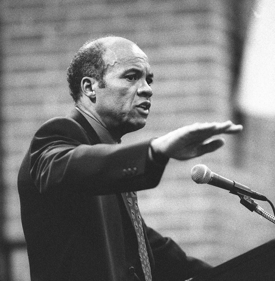 John Edgar Wideman delivers the keynote address, "Looking for Emmett Till," at the Martin Luther King Jr. Day observance at Bates College on Jan. 18, 1999. (Phyllis Graber Jensen/Bates College)