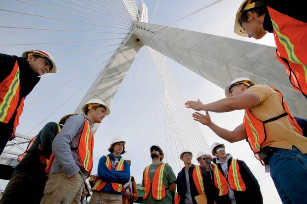 Students enrolled in “Study of the City” visit Boston’s Big Dig, stopping for a behind-the-scenes glimpse of the newly constructed Leonard P. Zakim Bunker Hill Bridge. (Phyllis Graber Jensen/Bates College)