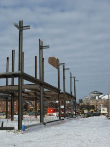 A view of the new Commons with Pettengill in the background. (Doug Hubley/Bates College)