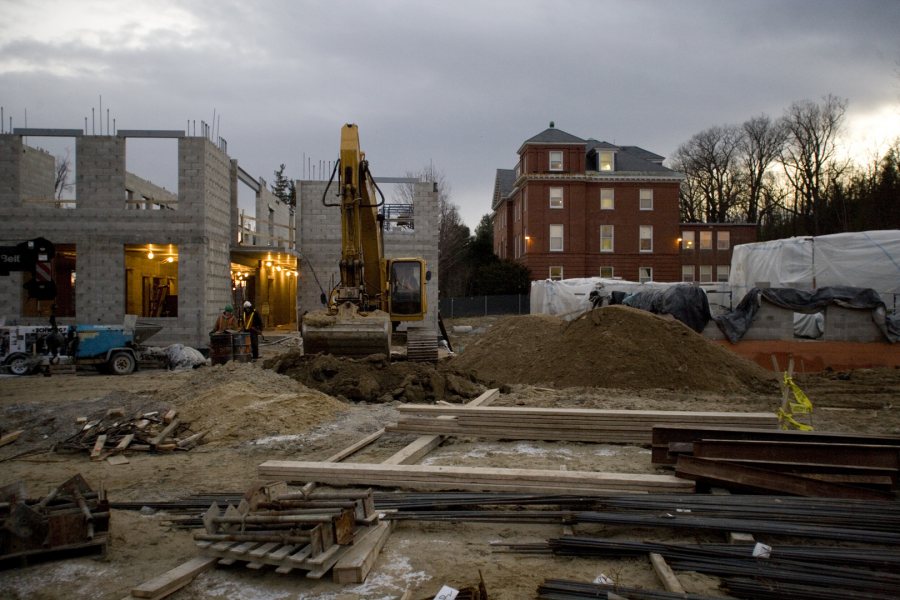This image of the new student housing was taken from Mountain Avenue on Dec. 5. The center section of the facility is taking shape in the area past which Rand Hall is currently visible. By August, this perspective will face the residence coordinator's front porch. (Phyllis Graber Jensen/Bates College)