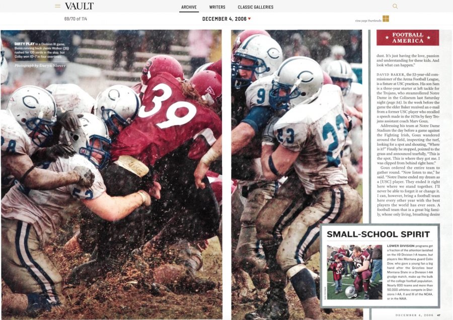 Toned to make the Bates garnet appear a bit more red, this is how the Bates-Colby photograph appeared in the Dec. 6, 2006, issue of Sports Illustrated.