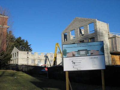 The completion of the gables on the "flankers" makes the scale of 280 College St. more palpable. (Doug Hubley/Bates College)