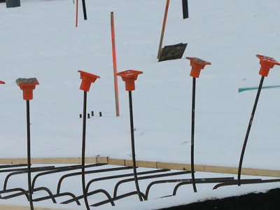 Safety caps on rebar at the Commons site. (Doug Hubley/Bates College)