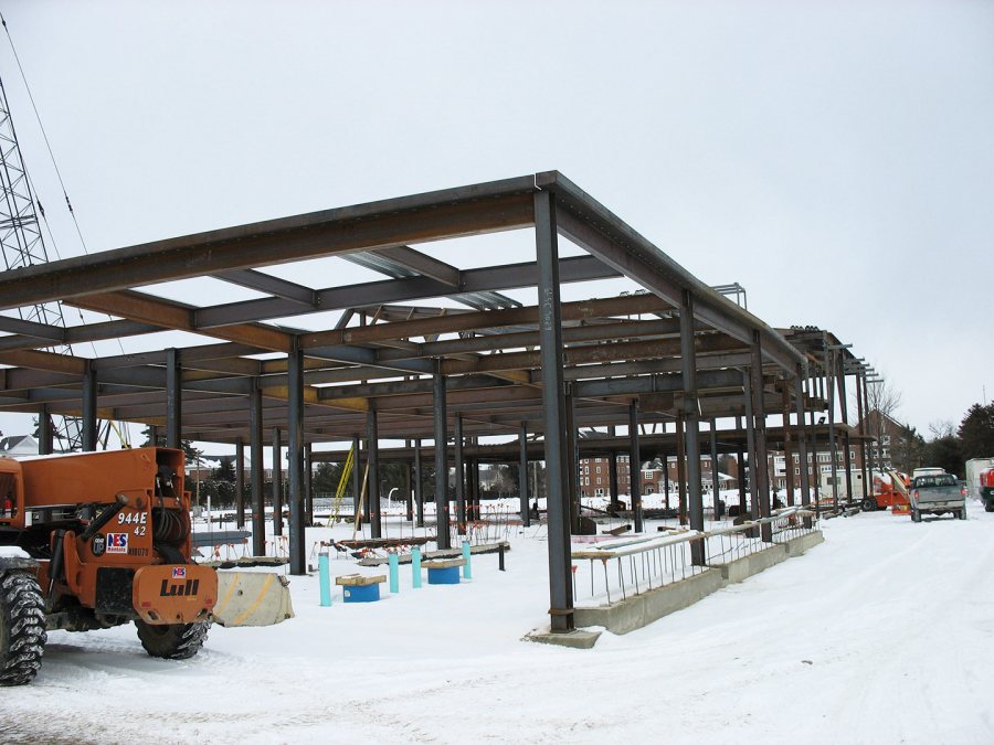 Steel encloses the space where the new Commons kitchen will be. (Doug Hubley/Bates College)