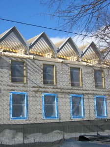 Wood framing appears in the new dorm's dormers. (Doug Hubley/Bates College)