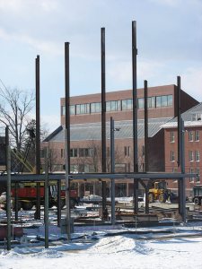 More steel rising at the site of the new Commons. (Doug Hubley/Bates College)