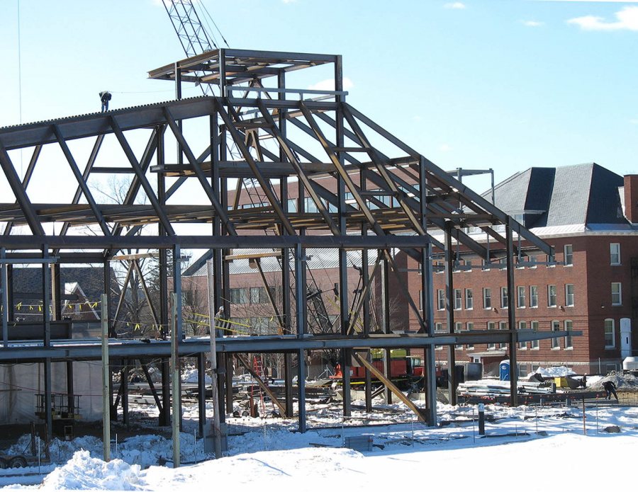 The new Commons on Feb. 27, 2007, with Ladd Library and Roger Bill behind. (Doug Hubley/Bates College)