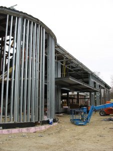 The new Commons fireplace lounge, at left of photo, and main entrance. (Doug Hubley/Bates College) 