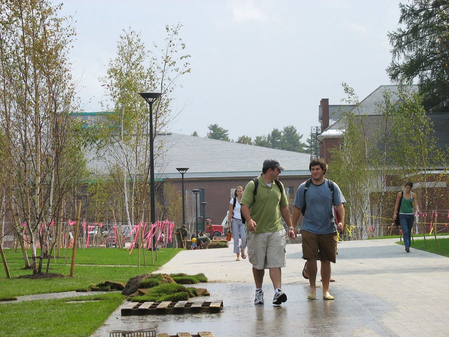 Talking the talk, walking the walk: students on Alumni Walk. (Doug Hubley/Bates College)