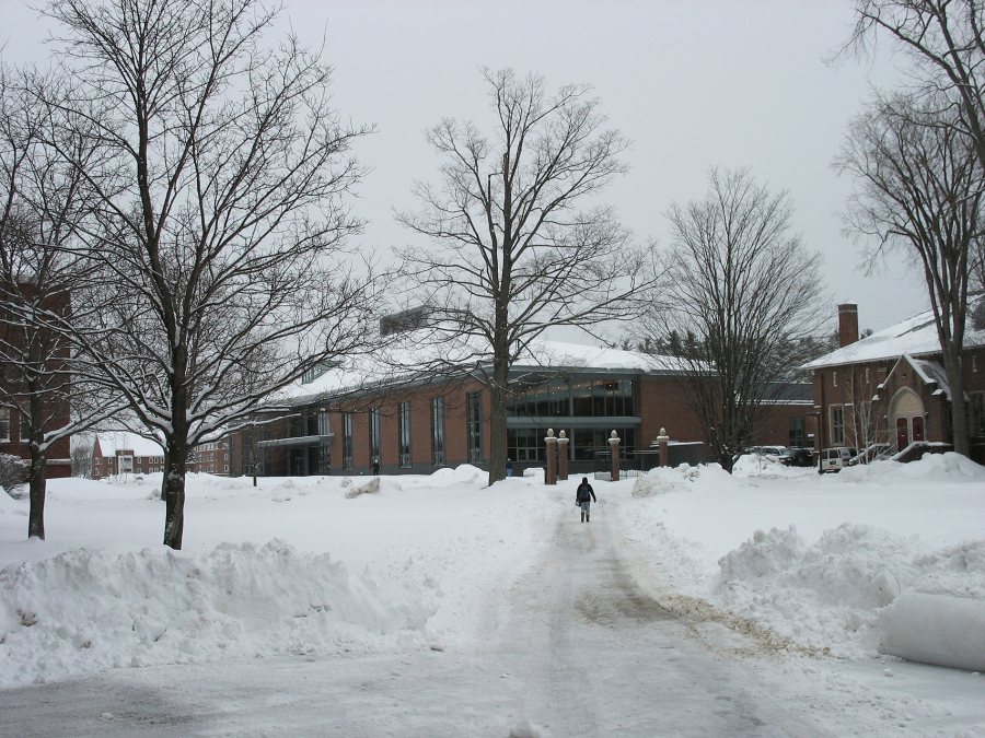 The new Commons seen from the Library Quad on Feb. 7. (Doug Hubley/Bates College)