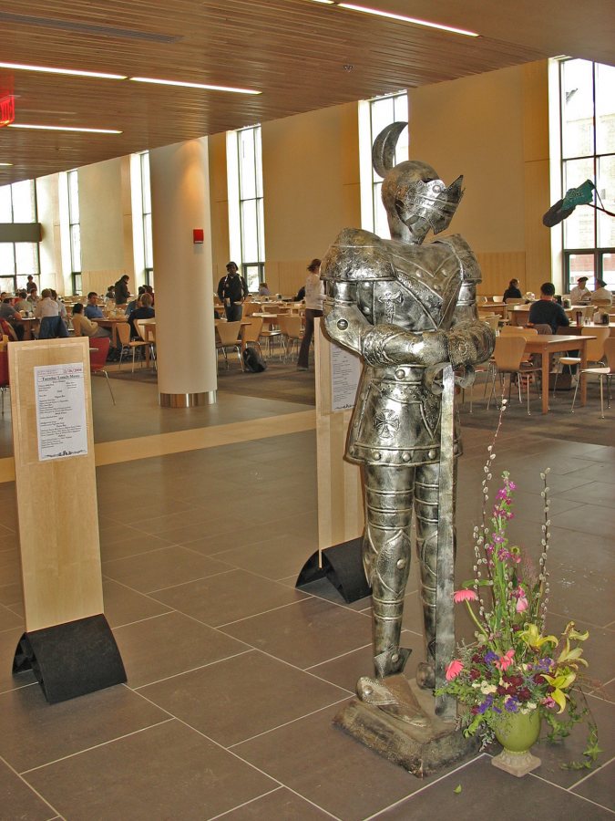 Dining Services’ suit of armor greets arriving customers. (Doug Hubley/Bates College)
