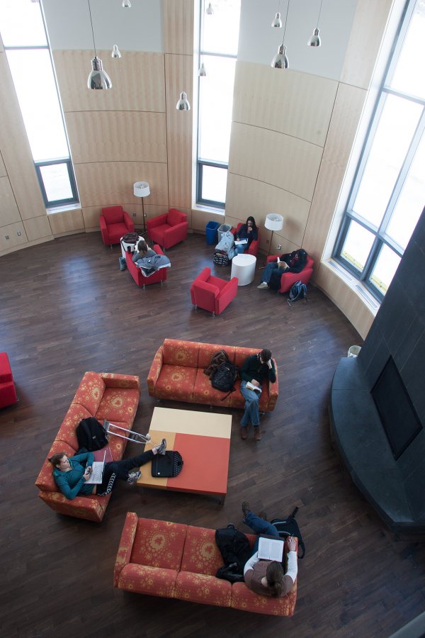 The Fireplace Lounge seen from the overlook. (Phyllis Graber Jensen/Bates College)