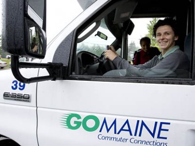 Julie Rosenbach, the former EPA official hired in 2006 to become Batesâ first full-time environmental coordinator, at the wheel of the commuter van to Portland, departing from and arriving each day behind Alumni Gymnasium on Central Avenue.