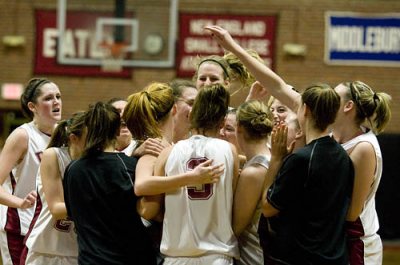 Senior forward Val Beckwith's driving layup went around the rim and dropped in as time expired, giving the Bates College women's basketball team a 73-71 victory over Colby College at Alumni Gymnasium.