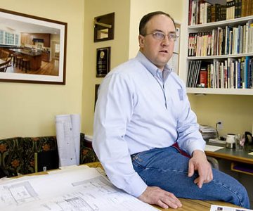 Halsey Platt '88 of Walter H. Platt Builders
31 Adams Ave.
Groton, Mass.

Shown in his office, in his cabinetry workshop, on site at a project completed by his firm in center of town on Rte 119, emphasizing the commitment to using the building's original materials, and also posing in front of and inside of his own home.