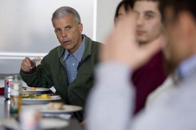 Dave L ounsbury '72 speaks with a group of pre-med students in Room 201 new dining Commons buildindg during a lunch planned for his visit.

on table right: unidentified student, Dave, Lauren Shapiro '10, Quan Ho '11, Leah Carr '10, suzanna ??? of maine or mass.,  MAINE OR MASS., Shashi Shankar '12, Allie of Cohassett, Mass.,


The COLLEGE KEY presents Dave Lounsbury â72 FACP, MD - 2009 College Key Distinguished Alumnus in Residence - âThere are tears in thingsâ War Surgery in Afghanistan & Iraq - 7:30 pm, Chase Lounge. Reception afterwards. Physician and retired U.S. Army Col. Dave Lounsbury â72 is an expert in military medicine and ethics who has served with combat field units in the First Gulf War, the Balkans, Turkey and the current Iraq War. He is co-editor of War Surgery in Afghanistan and Iraq: A Series of Cases, 2003â2007, published in 2008 following a number of U.S. Army attempts to censor the book due to its graphic nature. The bookâs subject matter and the circumstances surrounding its publication have since prompted discussion and reviews by The New York Times, The New York Review of Books, NPRâs Weekend Edition, and the New England Journal of Medicine.  In 2004, Lounsbury was featured in the PBS NOVA episode âLife and Death in the War Zone,â in which he spoke and wrote about the ethical complexity of medical care during wartime. âAt its most challenging, it can leave [military medical personnel] feeling they're serving two masters: Hippocrates and Uncle Sam,â he wrote.  Biology major at Bates, he earned his medical degree from the University of Vermont.  He is the former director of the Borden Institute, the publishing agency of the U.S. Army Medical Department at Walter Reid Hospital. Students who wish to meet one-on-one with Dr. Lounsbury during his March 22-24 visit to campus may set up an appointment by contacting Beth Sheppard at the Office of College Advancement, esheppar@bates.edu or 785-8251