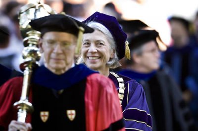 Professor of Sociology Sawyer Sylvester, the college's ceremonial mace-bearer, and President Elaine Tuttle Hansen