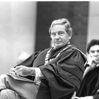 Bates College President Thomas Hedley Reynolds, Commencement 1979. Reynolds was president from 1967 to 1989. Unknown photographer.