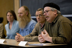 Bates alumni involved in food production and nutrition in Maine discuss a variety of issues in a panel presentation at 4:30 p.m. Monday, March 16, in Pettengill Hall's Keck Classroom (G52).

Moderated by Anna Bartel, associate director of the Harward Center for Community Partnerships at Bates, the panel comprises Borealis Breads founder Jim Amaral '80; Maine farmers Steve Hoad '72 of Windsor and Nicolas Lindholm '86 of Penobscot; and Kirsten Walter '00, director of the St. Mary's Nutrition Center of Maine. The event is sponsored by the Bates Contemplates Food Planning Committee. By 2003, instead of importing electricity, the island was exporting it, and by 2005 it was producing from renewable sources more energy than it was using."
From left to right: Bartel, Walter, Hoad, Lindholm, Amaral.