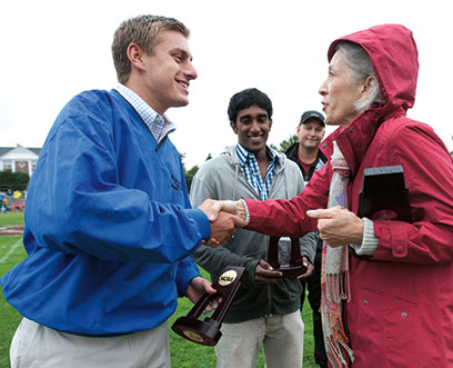 Parents and Family Weekend
Football vs. Tufts
During halftime, the crowd, President Elaine Tuttle Hansen and Athletic Director Kevin McHugh honor second place NCAA Rowing championship team in the women's rowing competition, and NCAA doubles champions Ben Stein '09 and Amrit Rupasinghe '10