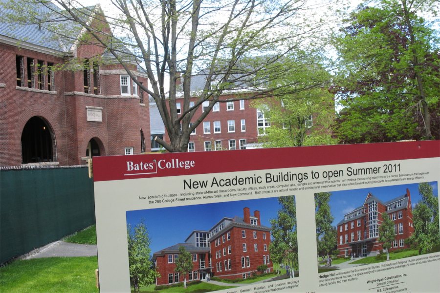 With the actual buildings in the background, an architect's rendering shows the completed Hedge and Roger Williams halls. (Doug Hubley/Bates College)