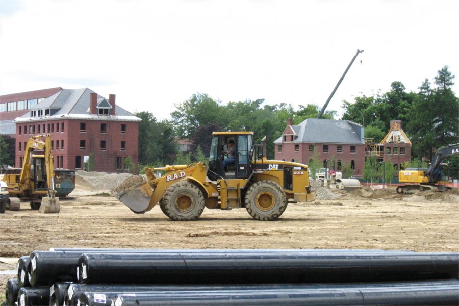 Changing Bates: The construction projects at Roger Williams Hall, Garcelon Field and Hedge Hall are captured in this image. (Doug Hubley