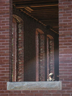 Worker inside Roger Williams Hall