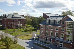 The renovated Roger Williams Hall (at left) and Hedge Hall: "Projects I am proudest of," says Terry Beckmann. (Phyllis Graber Jensen/Bates College)