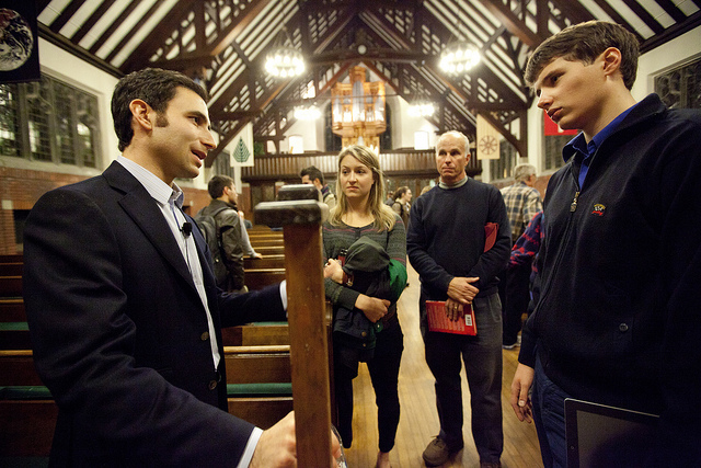 Andrews lecturer Scott Belsky, left, speaks with audience members after his talk, including, Alexey Bobko '13, of Minsk, Belarus.