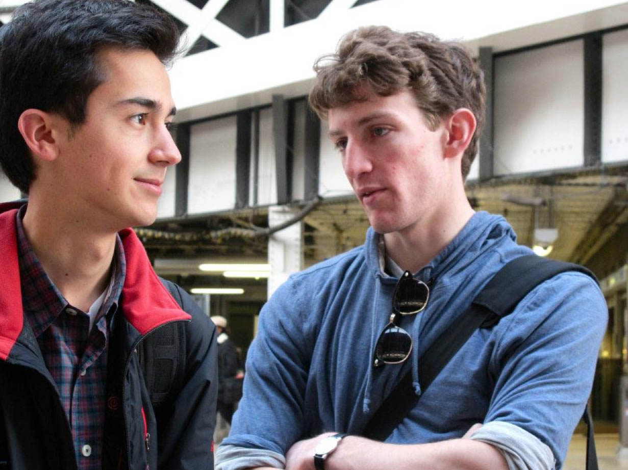 Ian Mahmud '12 and Colin Etnire '12, ranked among the top U.S. debate teams, chat during their November debate trip to Cambridge.