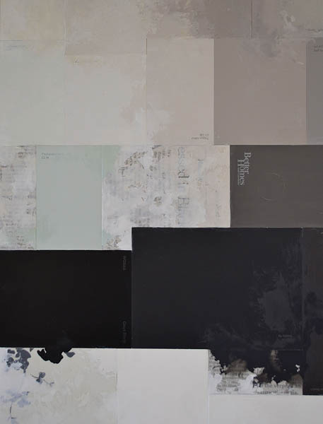 "How Deeply This" (detail), 2012, paint chips, newspaper, Dura-Lar, wallpaper samples and oil on panel by Claire Banks '12.