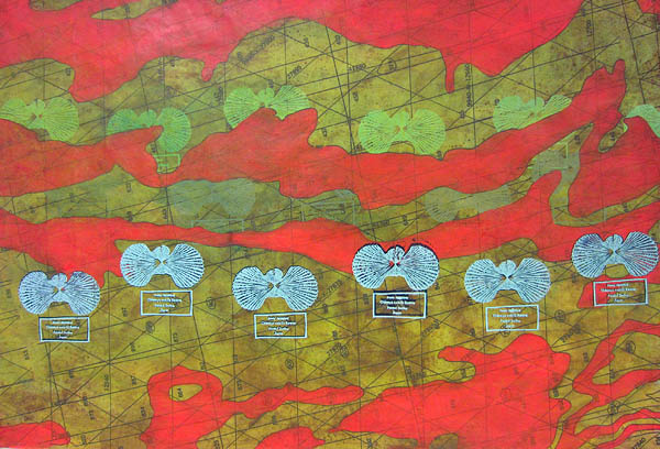 "Untitled Nautical Maps" (2012) by Liane Fitzgerald '12. Screen print and acrylic on found map.