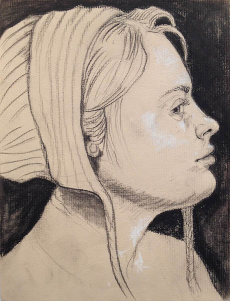 "After Hans Baldung, sister" (detail), charcoal and pencil on paper by Ellie McDonald, 2012.