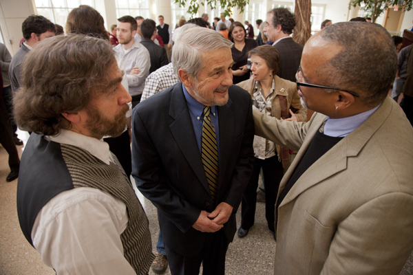 Former Bates President Don Harward chats with Glen Lawson (left) and Marcus Bruce, during a reception for them and others recently appointed to named professorships.