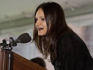 Romina Istratii of Athens, Greece, shown here speaking during the October 2012 dedication of two academic buildings at Bates College, is a Bates senior recently awarded the prestigious Watson Fellowship. Photograph by Phyllis Graber Jensen/Bates College.