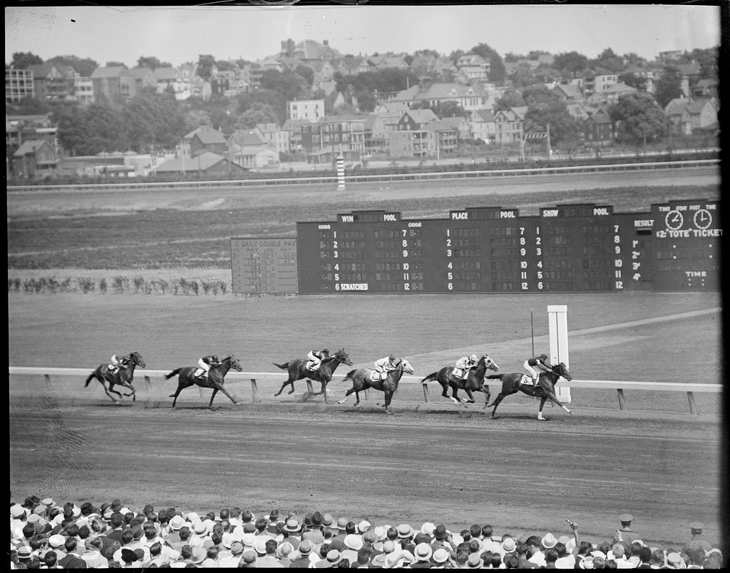 Bookies and other gamblers used to depend on skilled "line men," like Uncle Arthur, for timely sports results, including race results from Suffolk Downs in East Boston, shown here in the 1930s. Photograph courtesy of the Boston Public Library, Leslie Jones Collection.