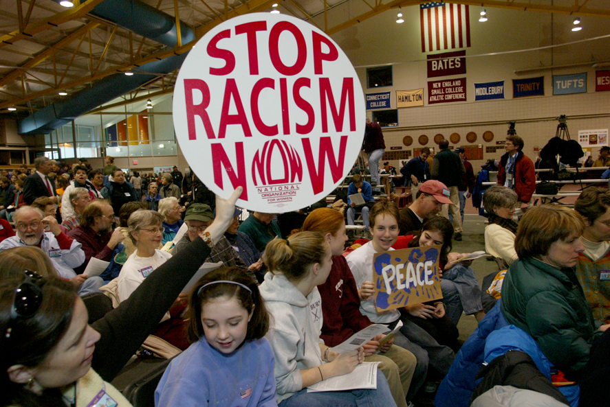 The Many and One rally in Merrill Gym on Jan. 11, 2003, sent a strong, unified message far and wide. Photograph by Phyllis Graber Jensen/Bates College.