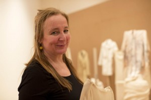 Dutch artist Fransje Killaars is shown during the installation of her exhibition "Color at the Center" at the Bates College Museum of Art in January. Photograph by Phyllis Graber Jensen/Bates College.