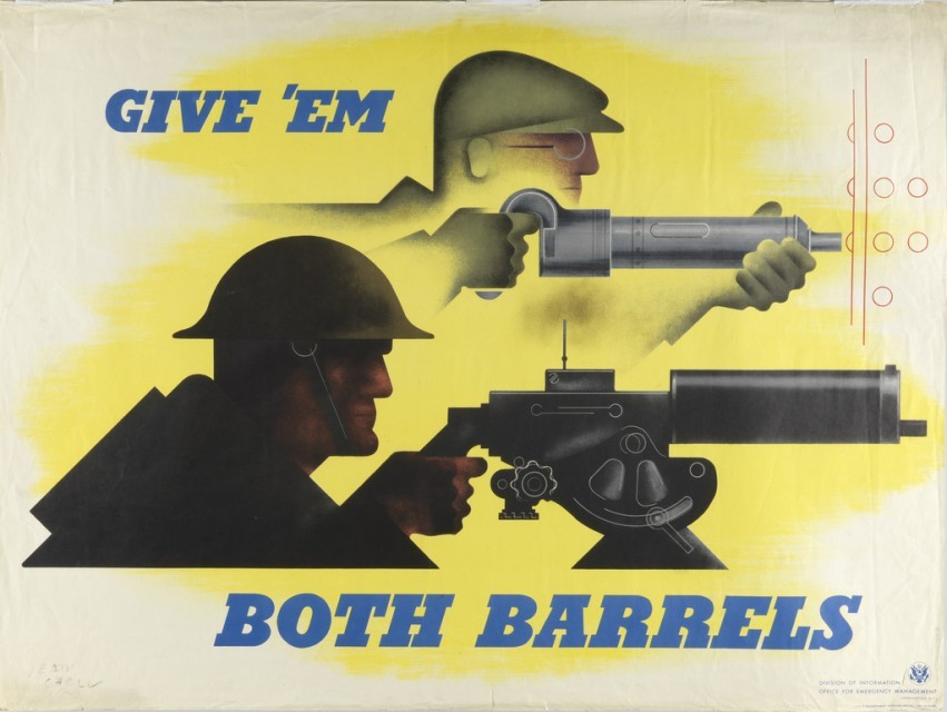 This World War II propaganda poster produced by the U.S. was the Dec. 8, 2012, entry on the Cooper-Hewitt blog Object of the Day. The poster's color choice, Matthew Kennedy explains sacrifices "traditionally patriotic reds and blues in favor of a more arresting hue, intended to bolster emotion." Poster: Give ‘Em Both Barrels. Designed by Jean Carlu, printed by the U.S. Government Printing Office, 1941. 1980-32-1201.