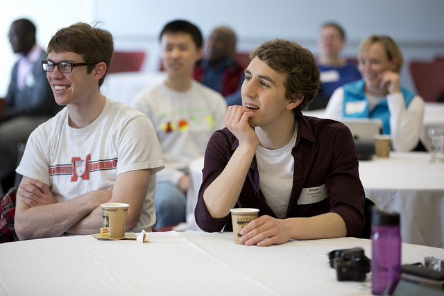 First-years XX XX and XX XX react to panelists at Beyond Intellectual Profit, a symposium on navigating diversity in the workplace. Photograph by Phyllis Graber Jensen/Bates College.