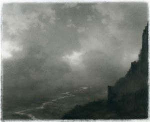 "Citadel Ruin" (2010), a drawing in charcoal on Mylar by Dozier Bell. Courtesy of Aucocisco Galleries, Portland, Maine.