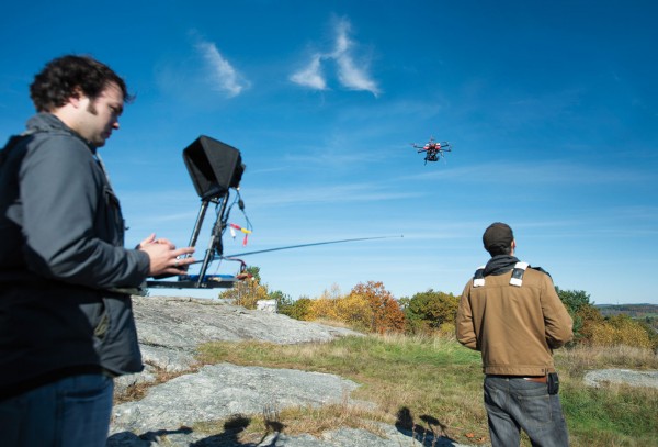 A team from Vermont-based YBVisuals captures video and photographs from their radio-controlled multicopter atop Mount David on Oct. 17, 2012. Photograph by Mike Bradley