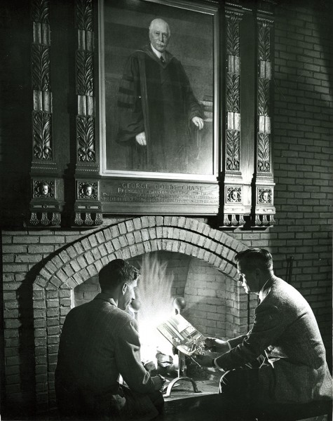 The clubby, masculine look of Chase Lounge here and at left reflects the building’s initial purpose as a “home for our young men,” in President Chase’s words. Photograph courtesy of Edmund S. Muskie Archives and Special Collection Library