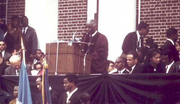 Mays delivers the final eulogy for the slain Martin Luther King Jr. on April 9, 1968, at Morehouse College. Photograph courtesy of Howard University.