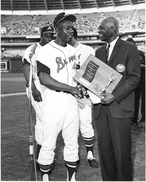 In this undated photo, Mays talks with baseball great Hank Aaron of the Atlanta Braves. Photograph courtesy of Howard University.