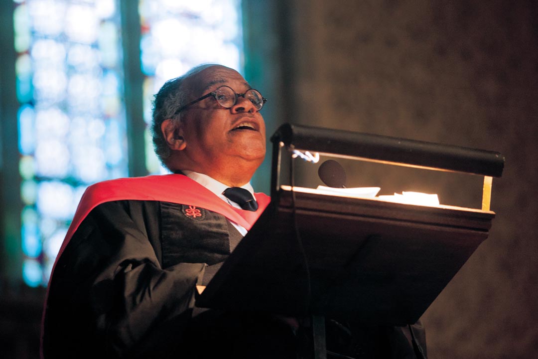 Gomes preaches at the 2010 Alumni Memorial Service in the Chapel. In 2012, Bates named the Chapel in his memory. Photograph by Phyllis Graber Jensen/Bates College.