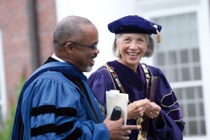 Elaine Hansen laughs with Marcus Bruce ’77, the Benjamin Mays Professor of Religious Studies, prior to Convocation 2010. Photograph by Phyllis Graber Jensen/Bates College.