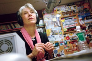 Hansen sits for a WRBC student interview shortly after her arrival in February 2003. Photograph by Phyllis Graber Jensen/Bates College.