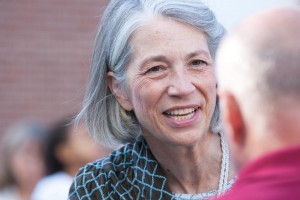 Hansen greets a Bates parent during first-year orientation. Photograph by Phyllis Graber Jensen/Bates College.