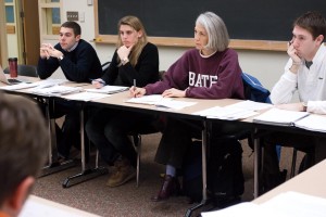 Hansen takes part in an economics class in 2008, part of her annual President for a Day tradition in which she and a student traded places for one day. Photograph by Phyllis Graber Jensen/Bates College.